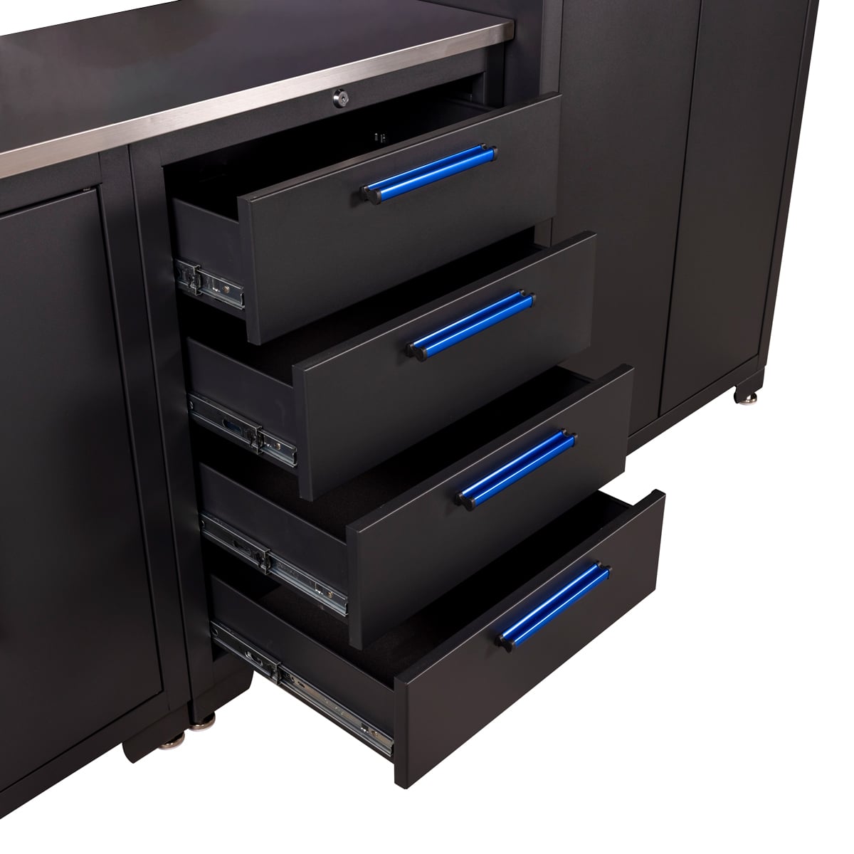 SGS 9pc Garage Storage System | Stainless Steel Worktop | 3x Floor Cabinets | 3x Upper Cabinets | 2x Tall Double Side Cabinets